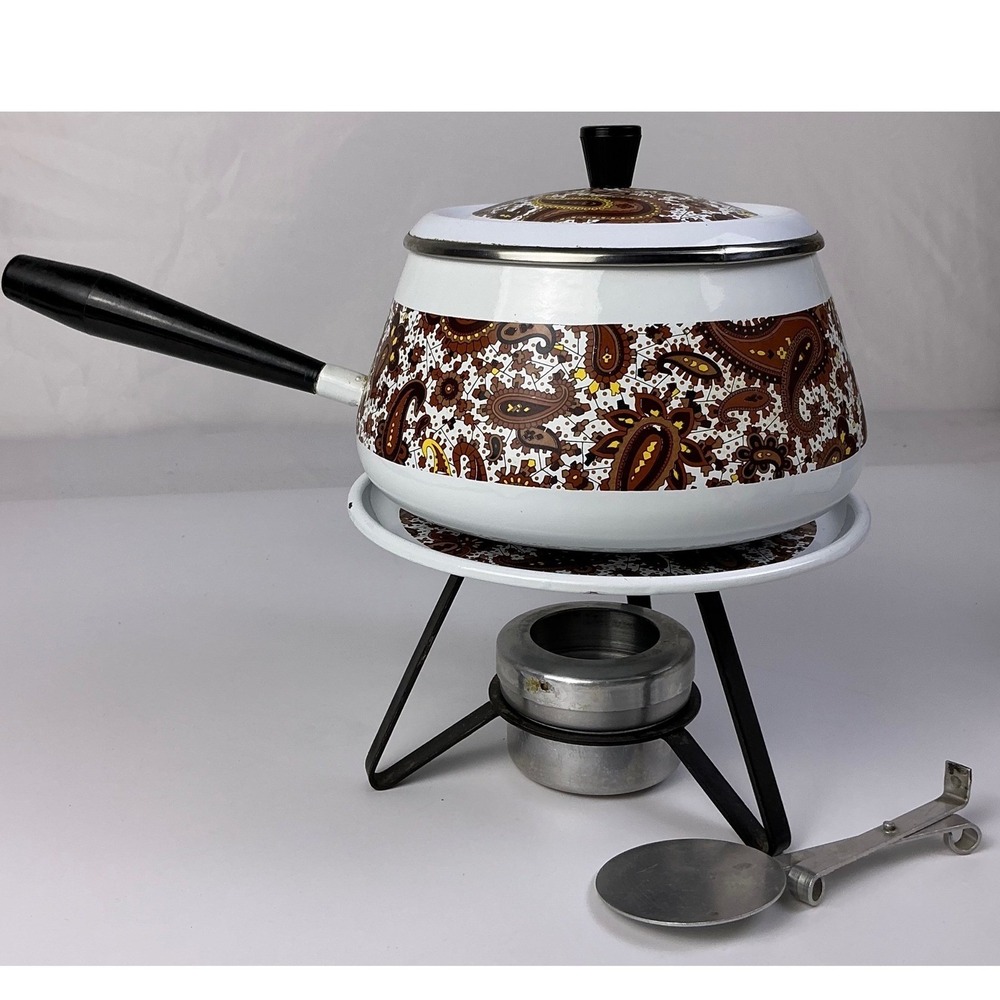 Vintage Enamelware Fondue Pot Set Paisley Brown White Fondue Burner‎ Stand Ladle